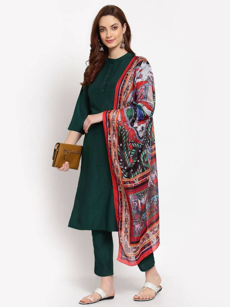 Myshka Women's Green Solid Cotton 3/4 Sleeve Mandarin Neck Casual Kurta Pant Dupatta Set | Grab2Buy