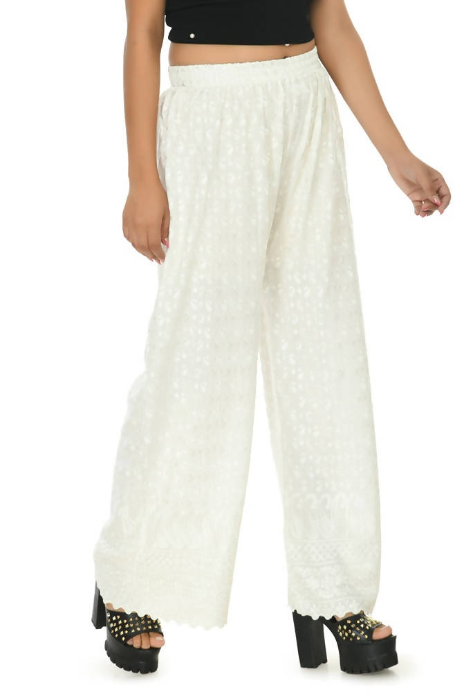 Mominos Fashion Moeza Reyon Cotton White Color Chikan Work Palazzo | Grab2Buy
