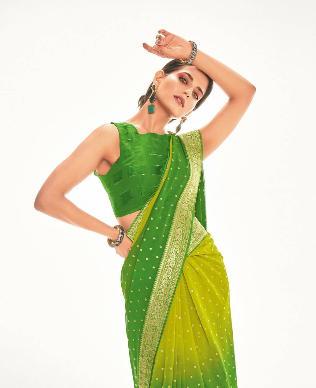 Green Georgette Foil Printed Saree With Unstitched Blouse Piece - Nitya | Grab2Buy