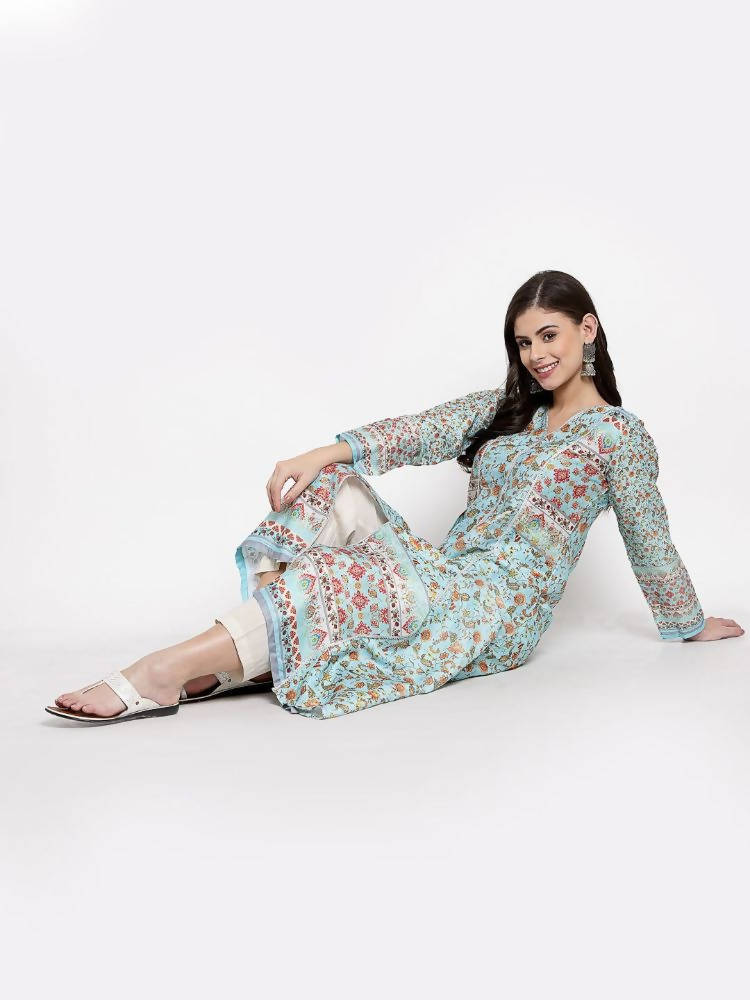 Myshka Women's Multi Cotton Printed Full Sleeve V Neck Casual Kurta | Grab2Buy