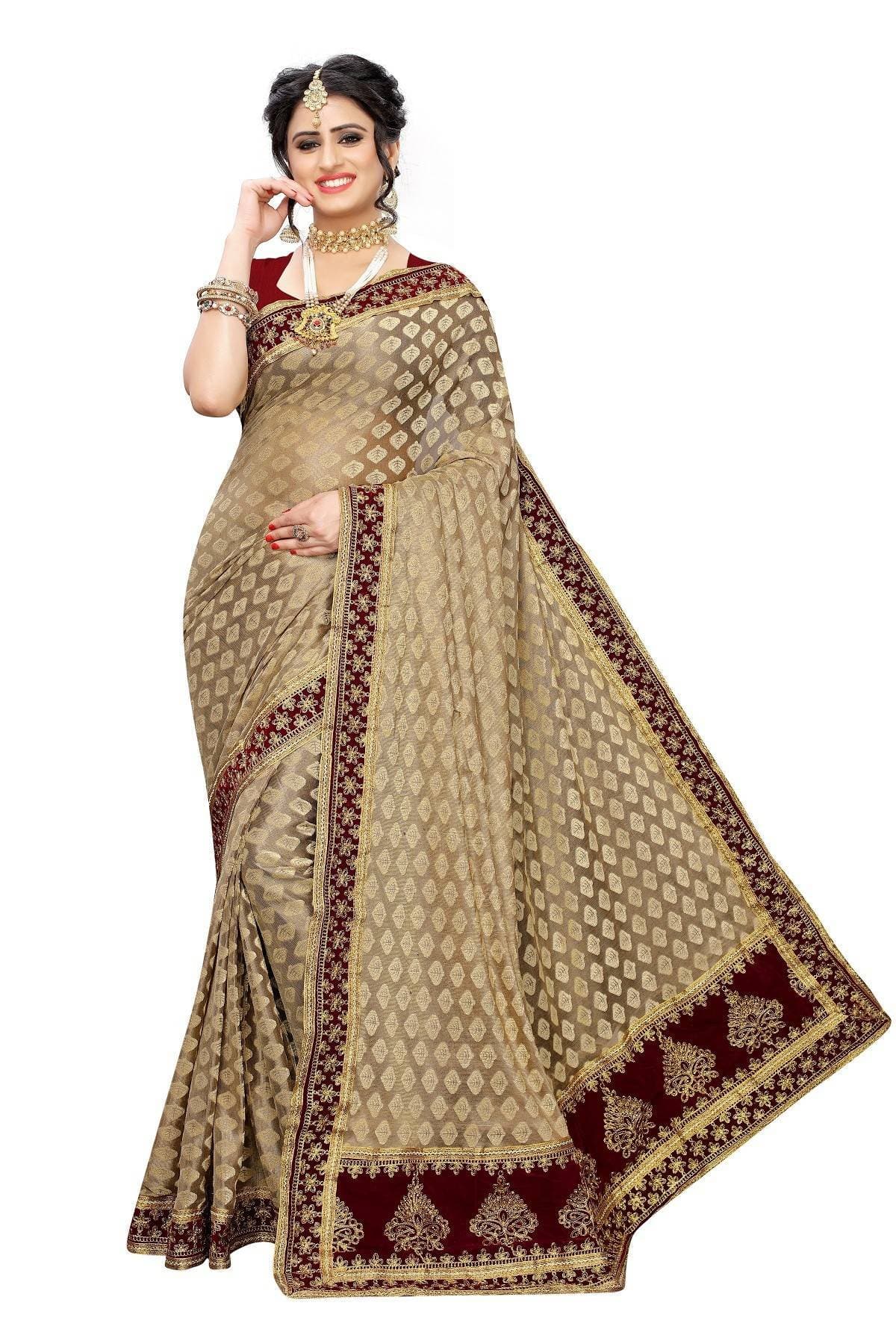 Vamika Brown and Maroon Terry Cotton Embroidery Saree | Grab2Buy