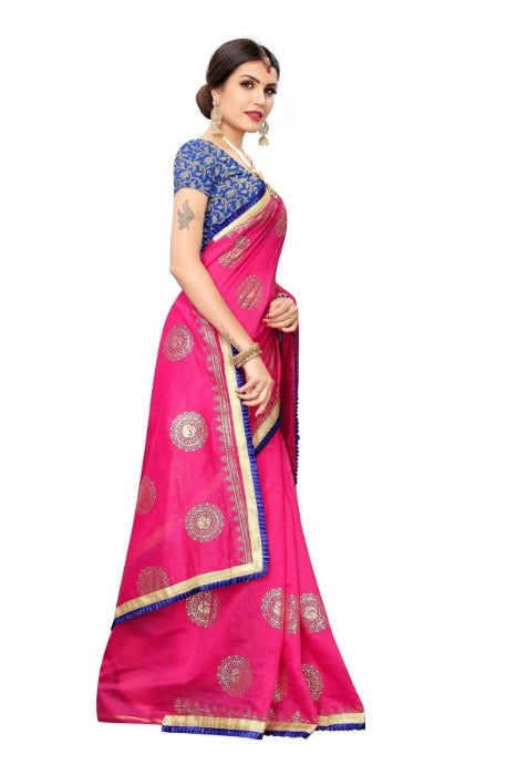Vamika Chanderi Cotton Foil Print Pink Saree (GOLDEN BIRD Pink) | Grab2Buy