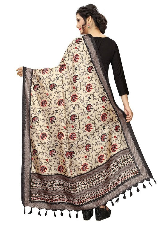 Vamika Flower Printed Black Khadi Bhagalpuri Dupatta | Grab2Buy