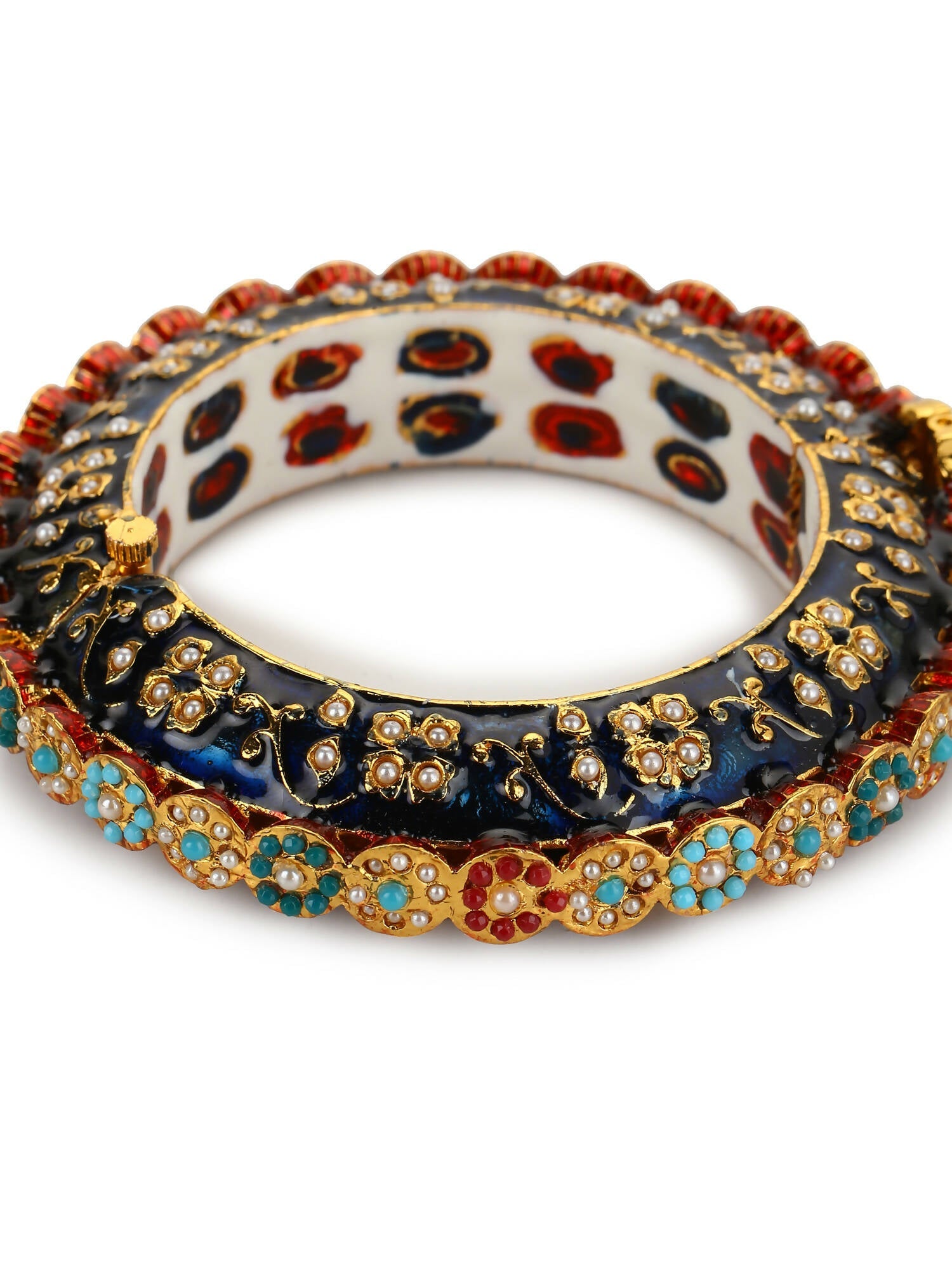 Gold-Polished Blue White Kundan Studded Pearls Beaded Bangle - Ruby Raang | Grab2Buy