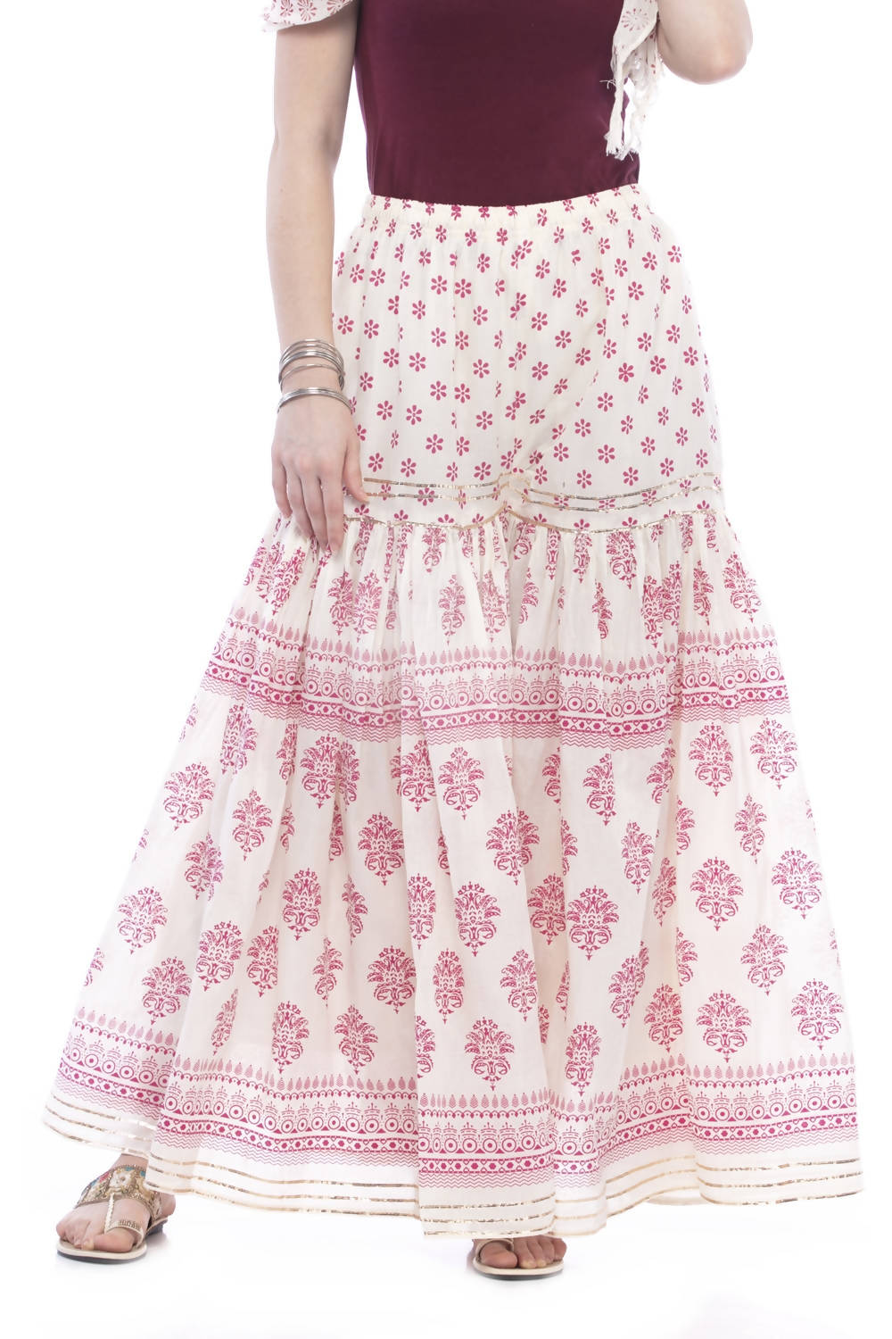 Mominos Fashion Cotton Block Print With Lace Work Off White Maroon Color Prints Palazzo | Grab2Buy