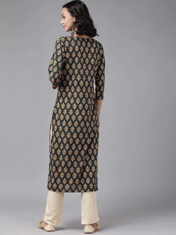 Yufta Women Teal Green & Mustard Yellow Ethnic Printed Pure Cotton Kurta with Palazzo | Grab2Buy