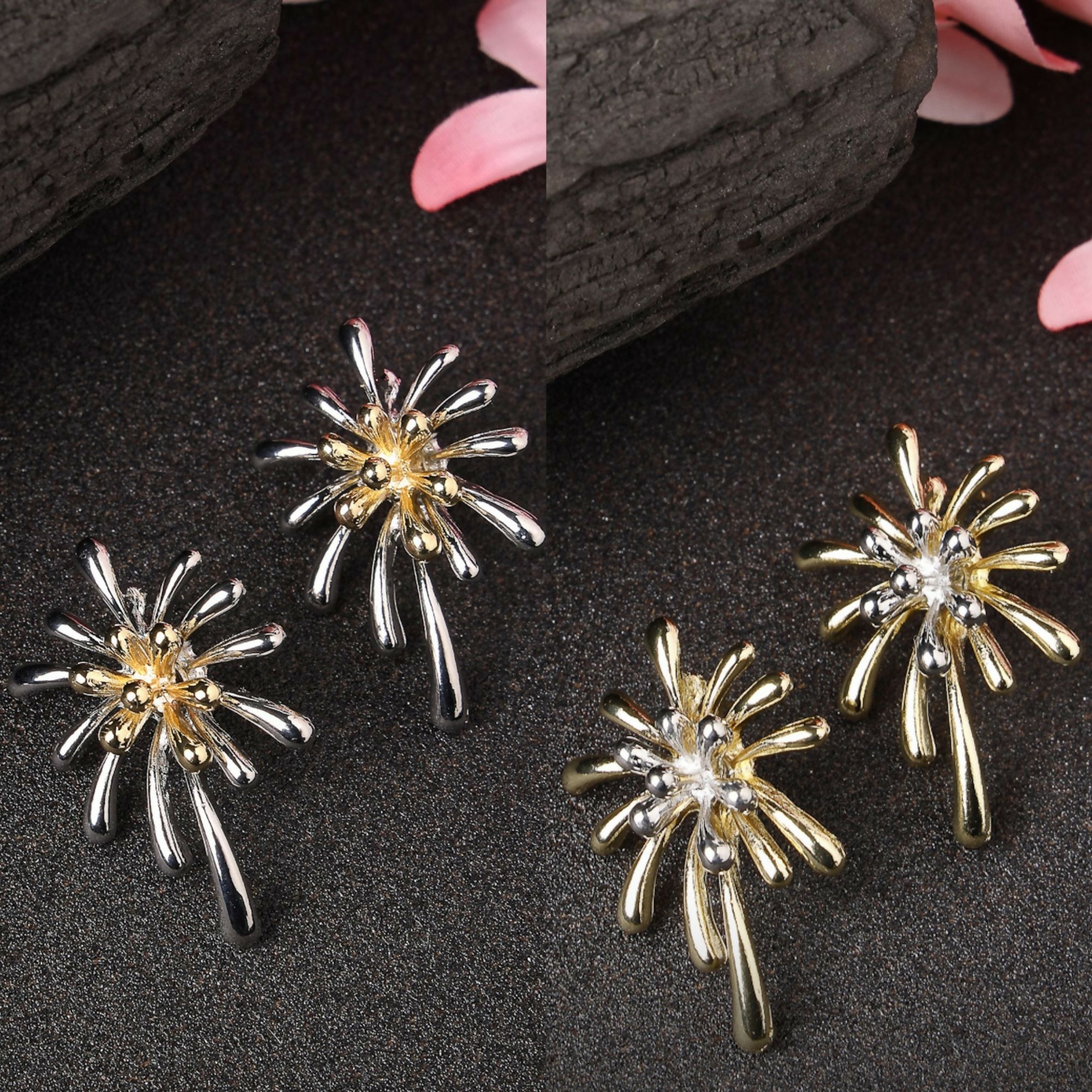 NVR Women's Set of 2 Silver & Gold Brass-Plated Floral Shape Drop Earrings | Grab2Buy