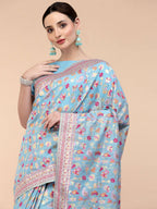 Blue Silk Blend Woven Design Saree With Unstitched Blouse Piece - Aloki | Grab2Buy