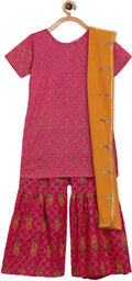 Ahalyaa Magenta Cotton Printed Kids Kurta Sharara Set With Dupatta For Girls | Grab2Buy