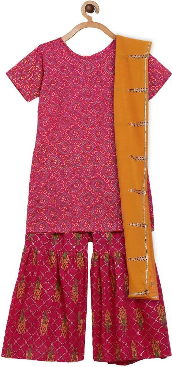 Ahalyaa Magenta Cotton Printed Kids Kurta Sharara Set With Dupatta For Girls | Grab2Buy
