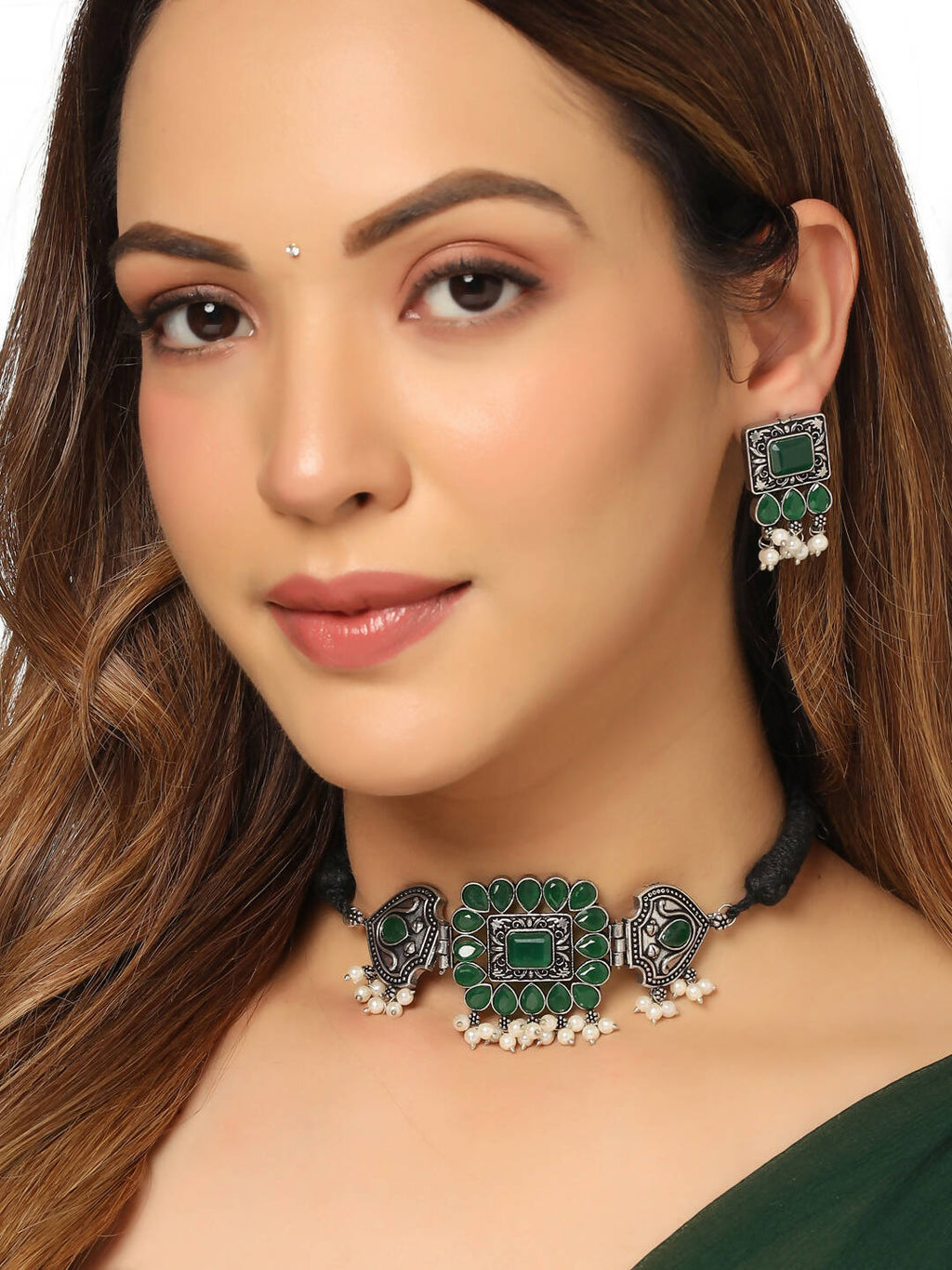 NVR Women's Oxidised Silver Plated Green Color Stone Jewellery Set With Earrings | Grab2Buy