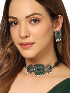 NVR Women's Oxidised Silver Plated Green Color Stone Jewellery Set With Earrings | Grab2Buy