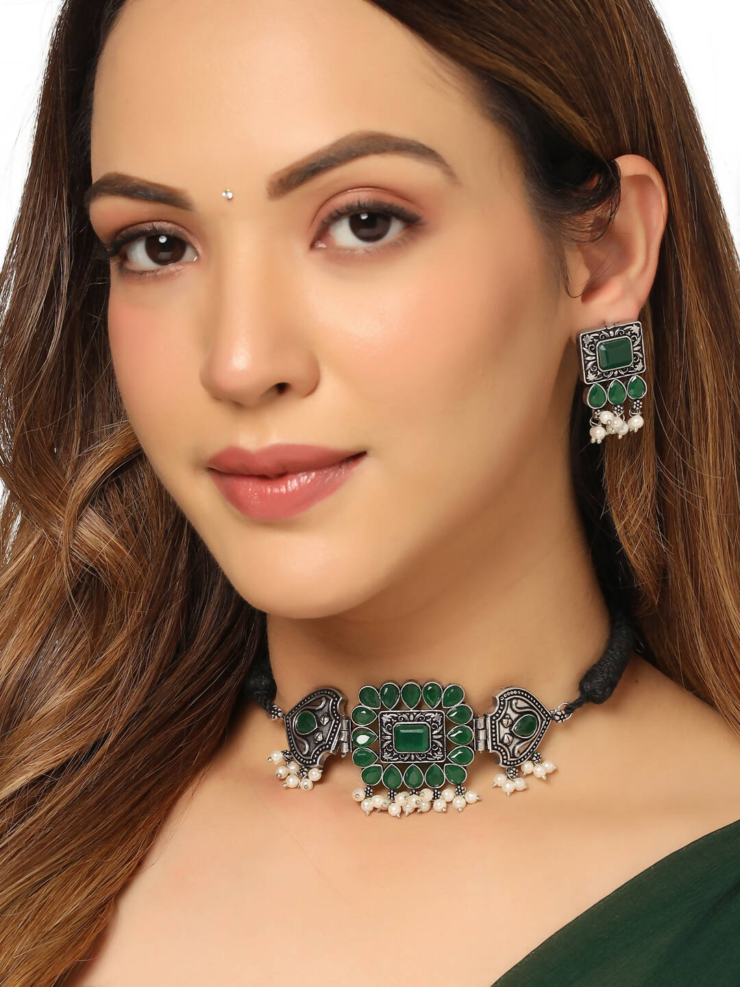 NVR Women's Oxidised Silver Plated Green Color Stone Jewellery Set With Earrings | Grab2Buy