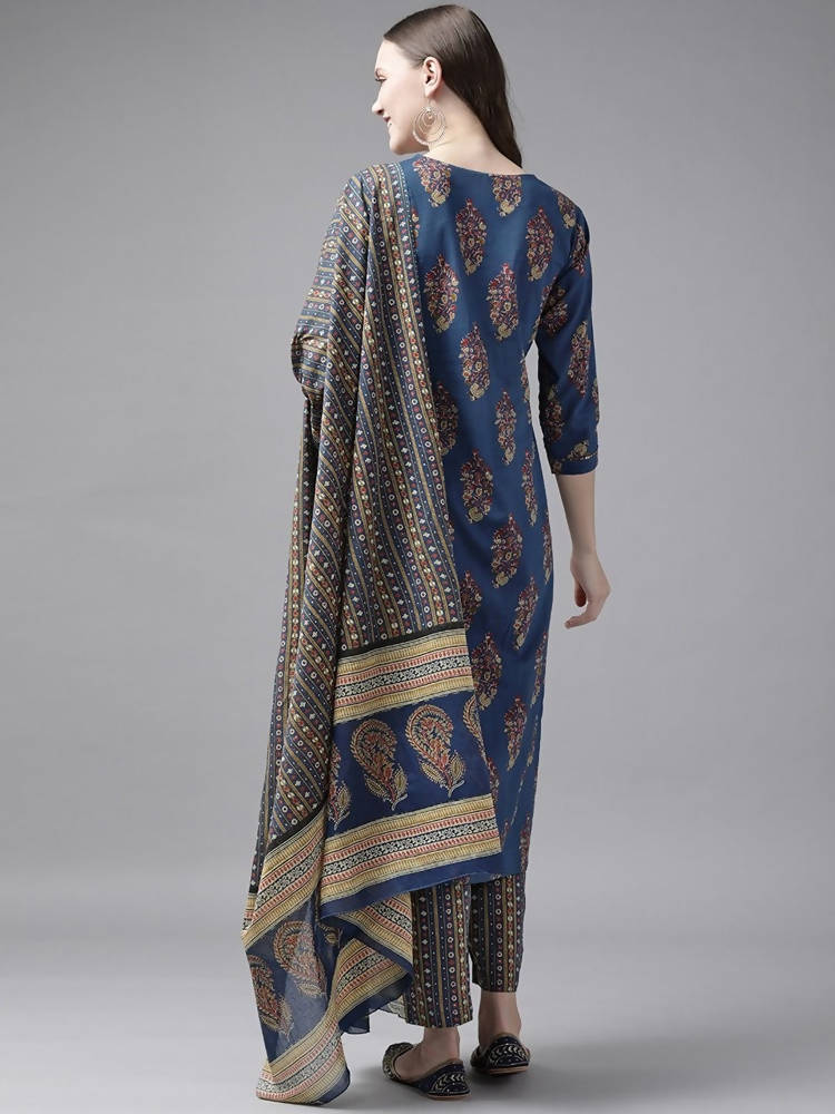 Yufta Women Blue and Red Ethnic Motifs Pure Cotton Kurta with Trouser and Dupatta | Grab2Buy