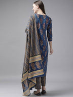 Yufta Women Blue and Red Ethnic Motifs Pure Cotton Kurta with Trouser and Dupatta | Grab2Buy