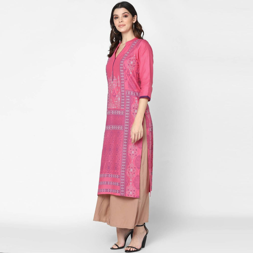 Cheera Hand Block Print Baby Pink Straight Kurta (MAAI-048K) | Grab2Buy