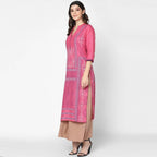 Cheera Hand Block Print Baby Pink Straight Kurta (MAAI-048K) | Grab2Buy