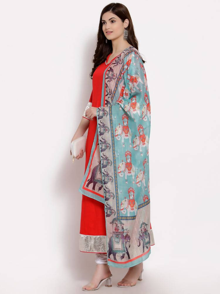 Myshka Women's Red Cotton 3/4 Sleeve V Neck Solid Casual Anarkali Kurta Dupatta Set | Grab2Buy
