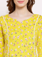 Myshka Women's Yellow Cotton 3/4 Sleeve Round Neck Printed Casual Tunic | Grab2Buy