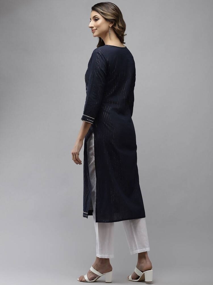 Yufta Women Navy Blue Yoke Design Mirror Work Cotton Kurta | Grab2Buy