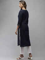 Yufta Women Navy Blue Yoke Design Mirror Work Cotton Kurta | Grab2Buy