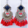 MS Fashion India Latest Trendy Chandbali Red Pearls And Threads Long Mirror Half Moon Silver Tone Earrings | Grab2Buy
