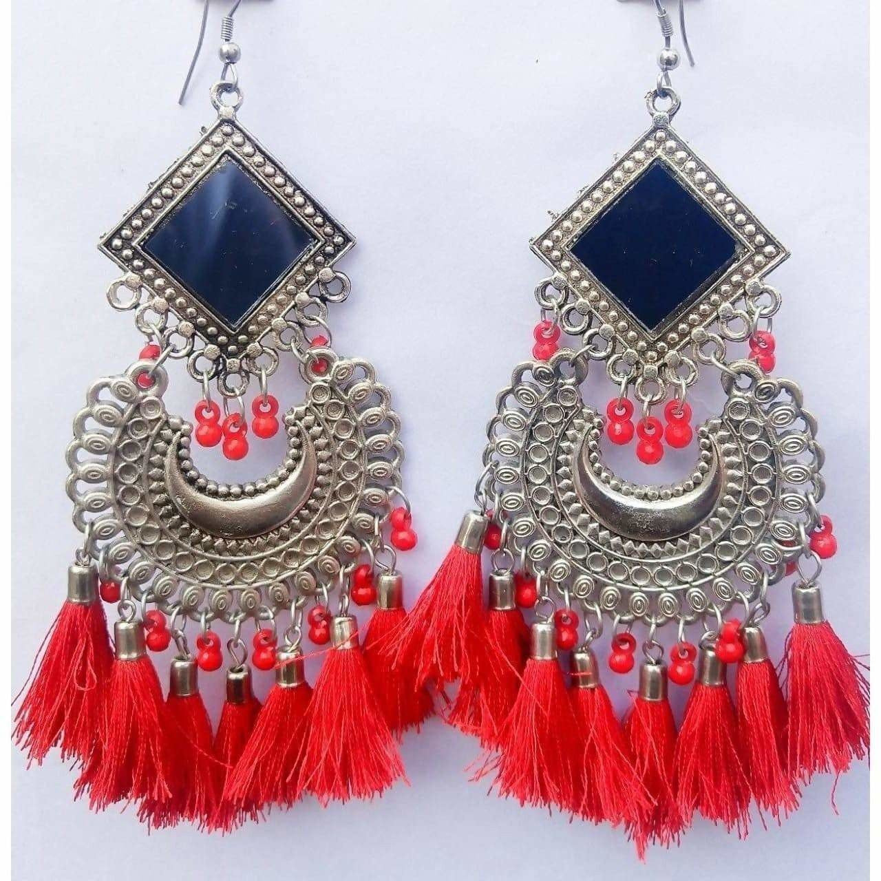 MS Fashion India Latest Trendy Chandbali Red Pearls And Threads Long Mirror Half Moon Silver Tone Earrings | Grab2Buy
