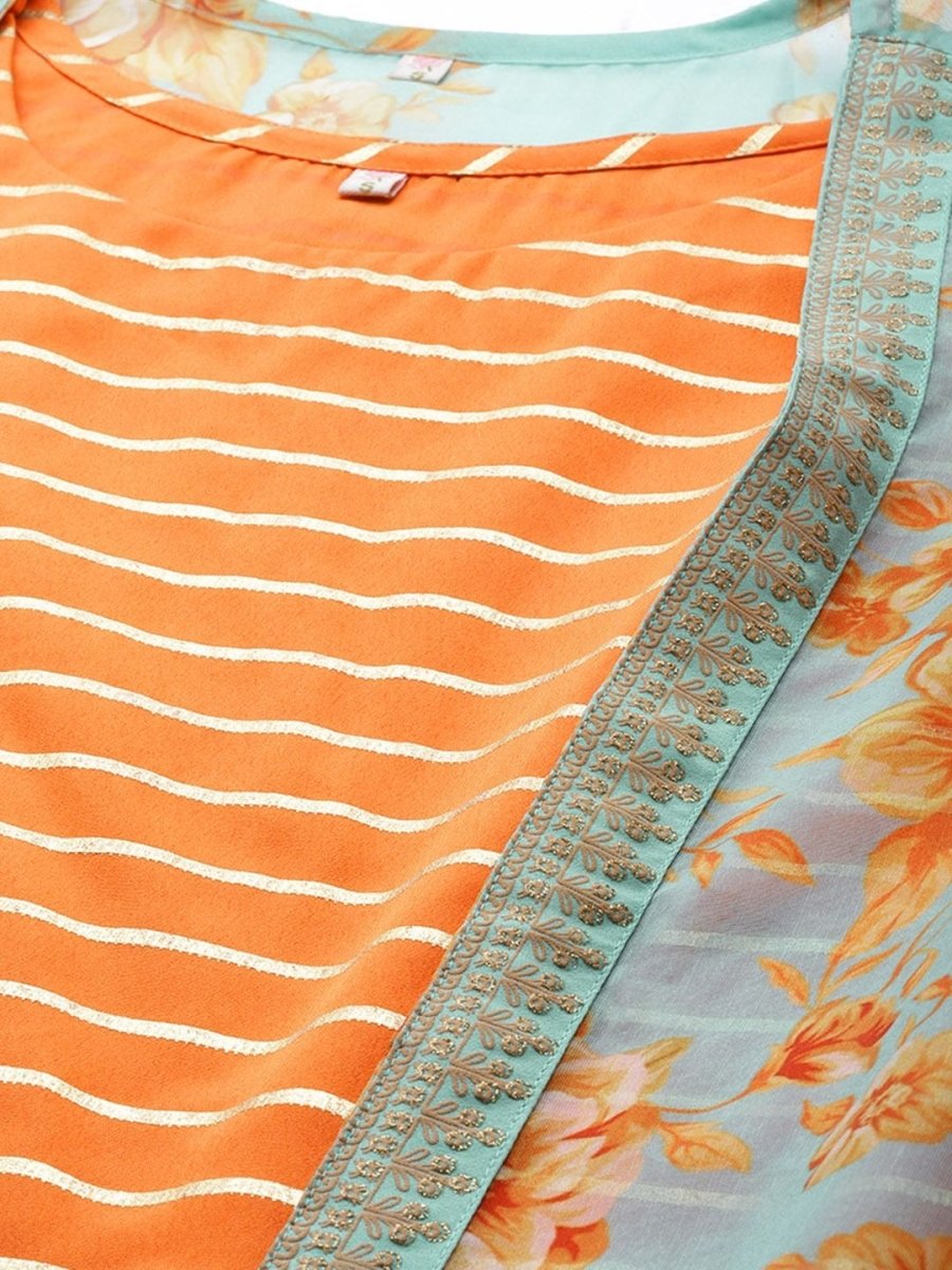 Ahalyaa Women's Orange Crepe Gold Print Top Skirt With Printed Jacket | Grab2Buy