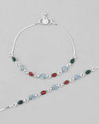 VOJ Set of 2 Silver Plated Heart Shaped Stone Studded Anklet