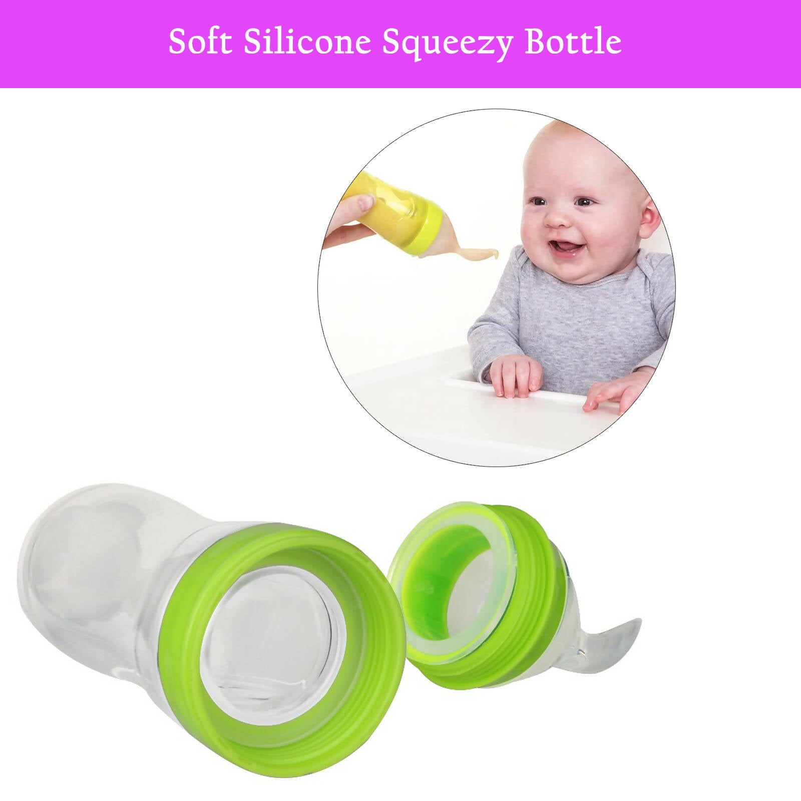 Safe-O-Kid Easy Set of 2 Squeezy Silicone Food Feeder Spoon (Soft Tip) Bottle- Green- 90mL | Grab2Buy