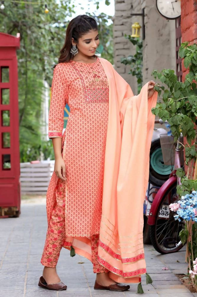Yufta Women Peach Floral Mirror Work Pure Cotton Kurta with Trouser and Dupatta | Grab2Buy