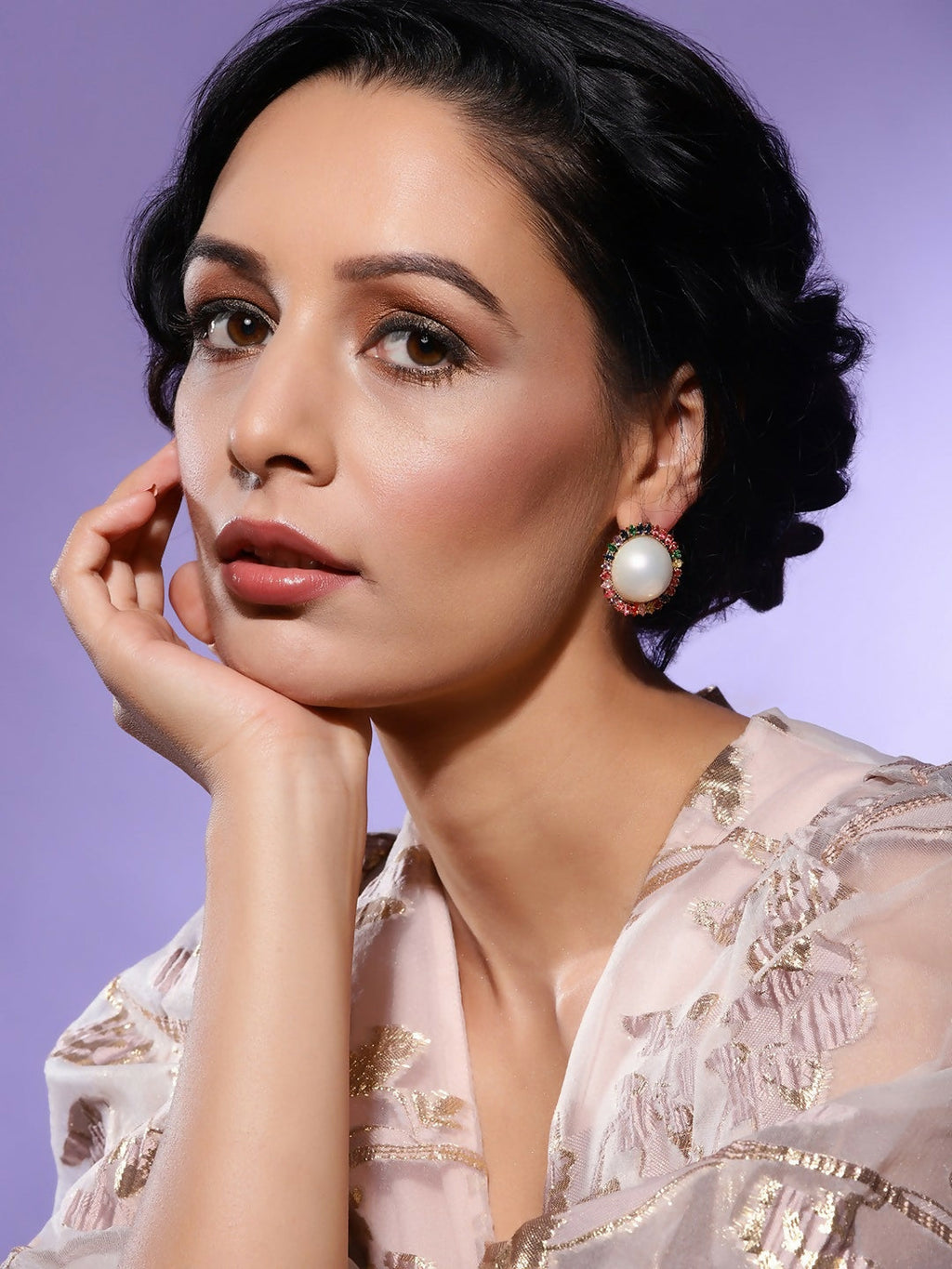 Pearl Studs with Multi Stones- Ruby Raang | Grab2Buy