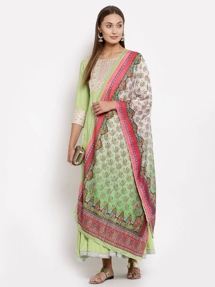 Myshka Women's Green Royan Printed 3/4 Sleeve Round Neck Casual Anarkali Kurta Dupatta Set | Grab2Buy