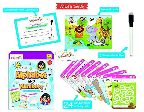 Braintastic Educational Game: Alphabet & Numbers(3-6 yrs)/Write & Wipe Activity Sheets/Kids Toys/34 pcs Free Puzzle | Grab2Buy