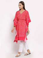 Myshka Women's Pink Cotton Printed 3/4 Sleeve V Neck Casual Kaftan | Grab2Buy
