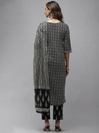 Yufta Women Black & Off-White Ethnic Motifs Printed Thread Work Cotton Kurta Set & Dupatta | Grab2Buy