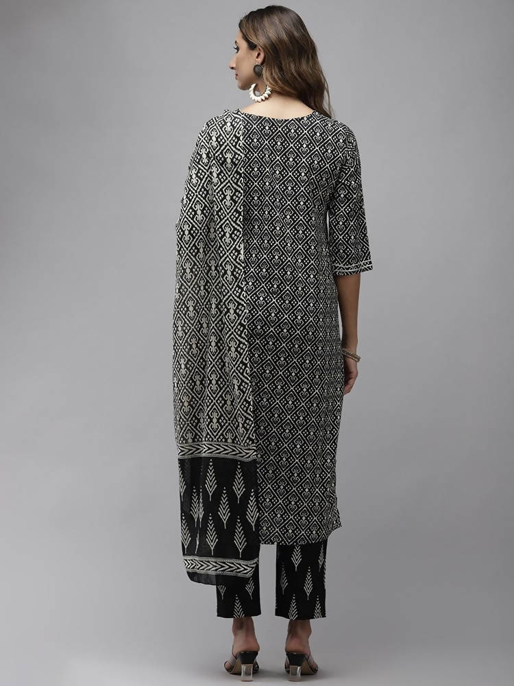Yufta Women Black & Off-White Ethnic Motifs Printed Thread Work Cotton Kurta Set & Dupatta | Grab2Buy