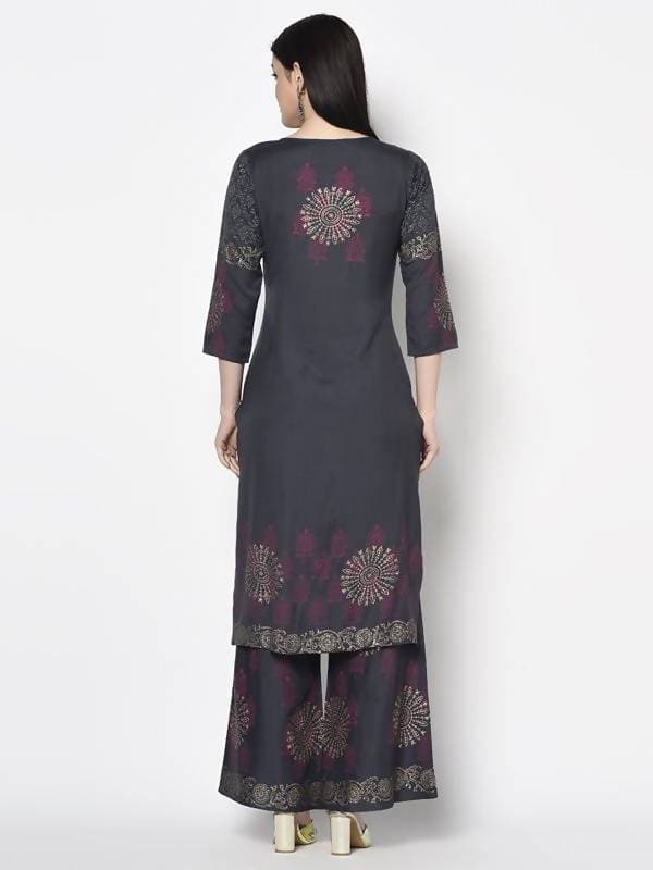 Aniyah Rayon Dark Grey Color Block Print Straight Kurta Palazzo Set (AN-202K) | Grab2Buy