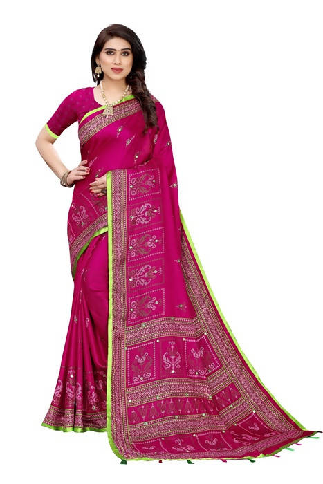 Vamika Embroidery Pink Jute Silk Saree (Jhulka Pink) | Grab2Buy