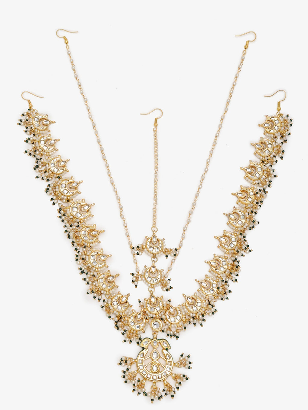 Gold-Polished White Kundan-Studded Beaded Maharani Matha Patti - Ruby Raang | Grab2Buy