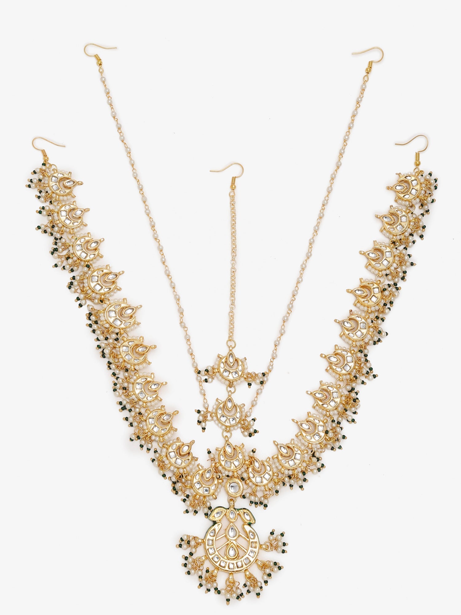 Gold-Polished White Kundan-Studded Beaded Maharani Matha Patti - Ruby Raang | Grab2Buy