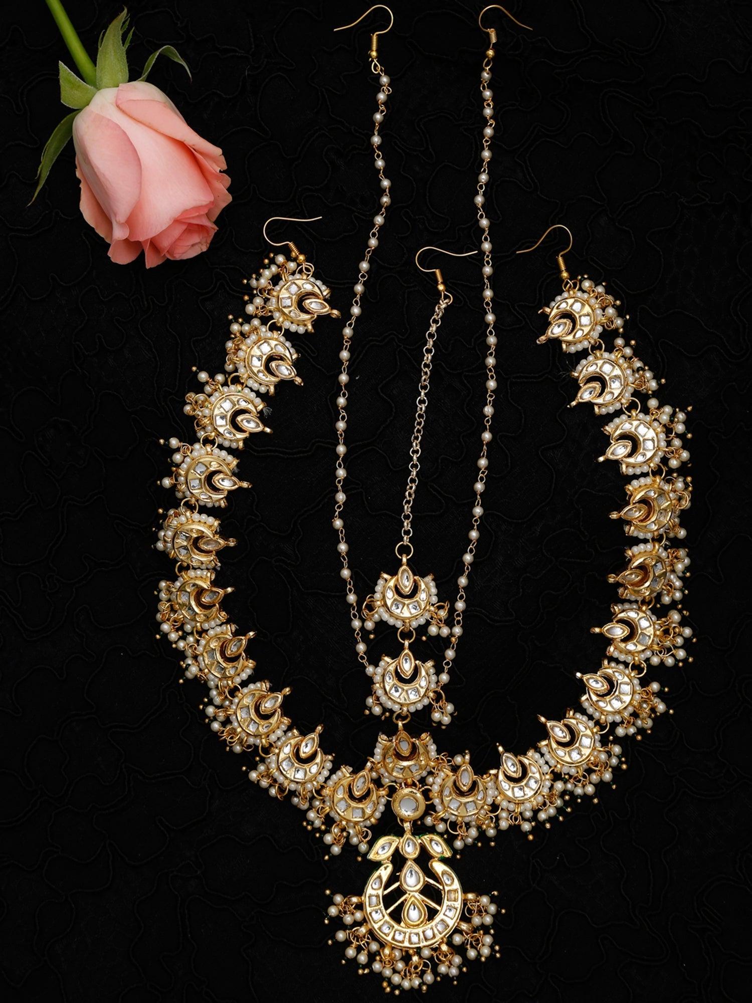 Gold-Polished White Kundan-Studded Beaded Maharani Matha Patti - Ruby Raang | Grab2Buy