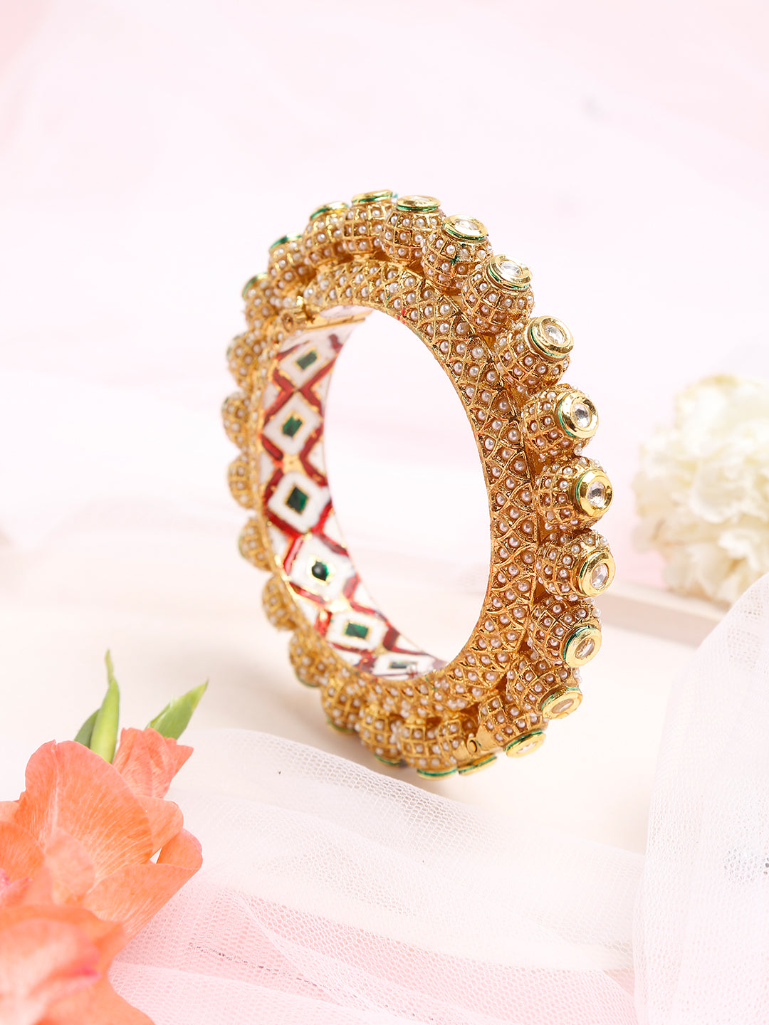Gold-Polished White Pearl Studded Beaded Bangle - Ruby Raang | Grab2Buy