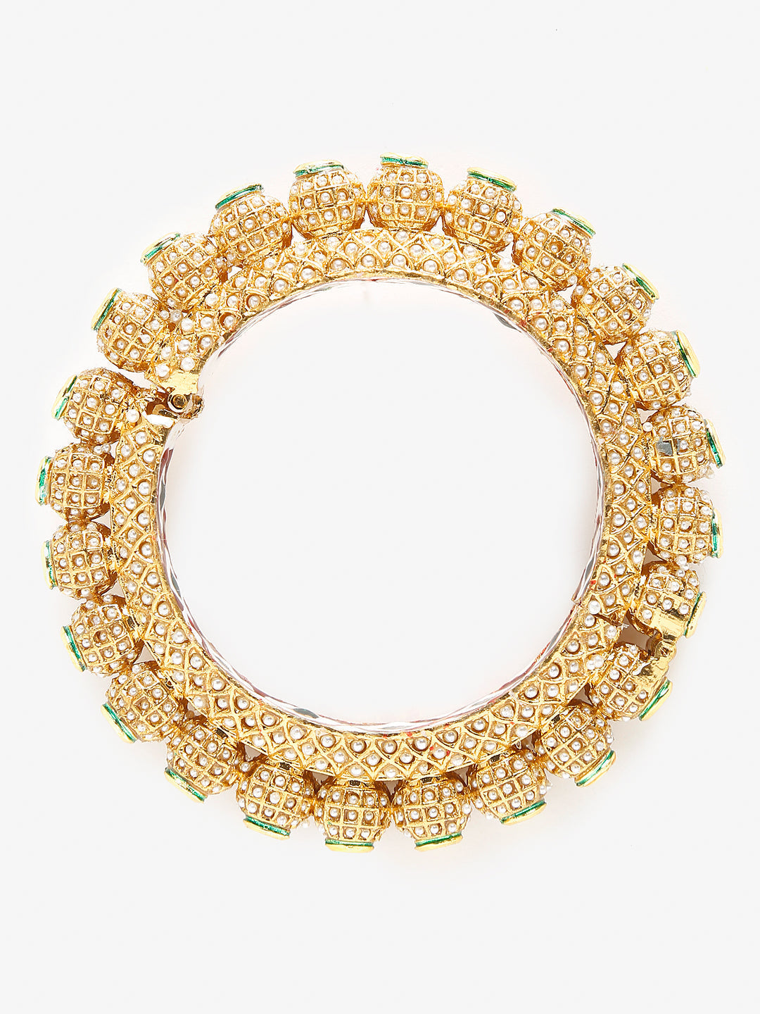 Gold-Polished White Pearl Studded Beaded Bangle - Ruby Raang | Grab2Buy