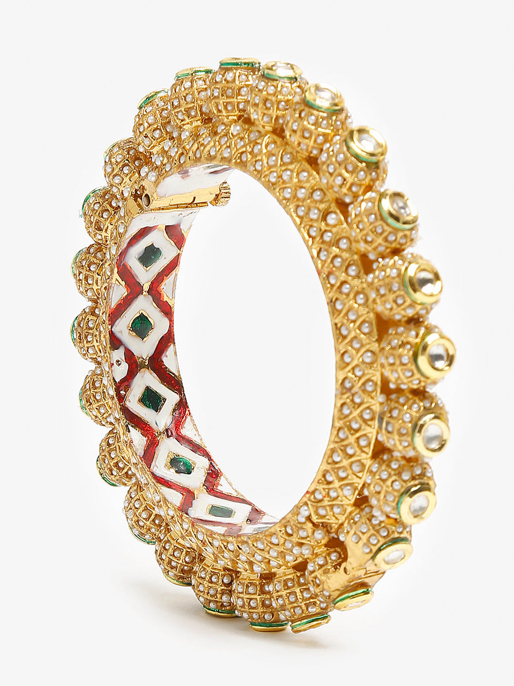 Gold-Polished White Pearl Studded Beaded Bangle - Ruby Raang | Grab2Buy
