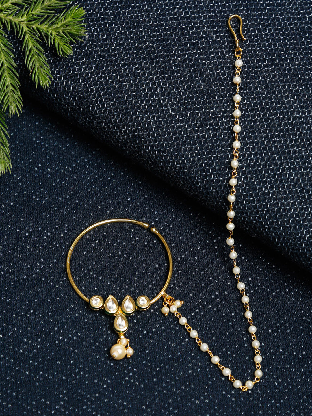 Gold-Polished Kundan Nose Ring - Ruby Raang | Grab2Buy