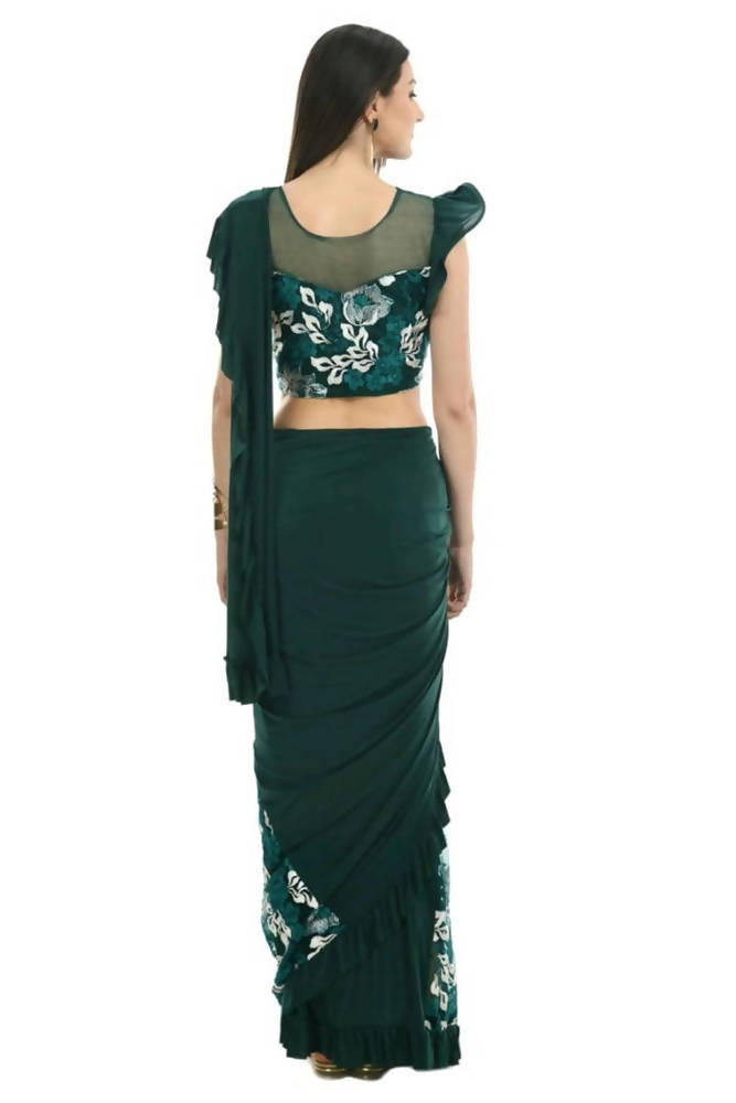 Mominos Fashion All Season Wear Bottle Green & White Thread Embroidered Ruffled Ready To Wear Saree | Grab2Buy