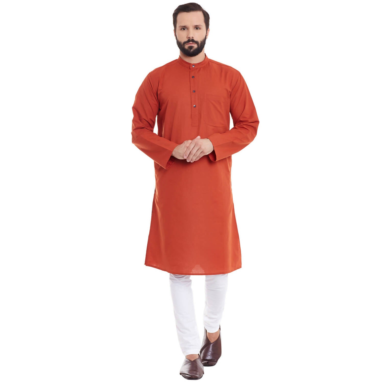 Even Apparels Orange Pure Cotton Men's Kurta With Band Collar | Grab2Buy