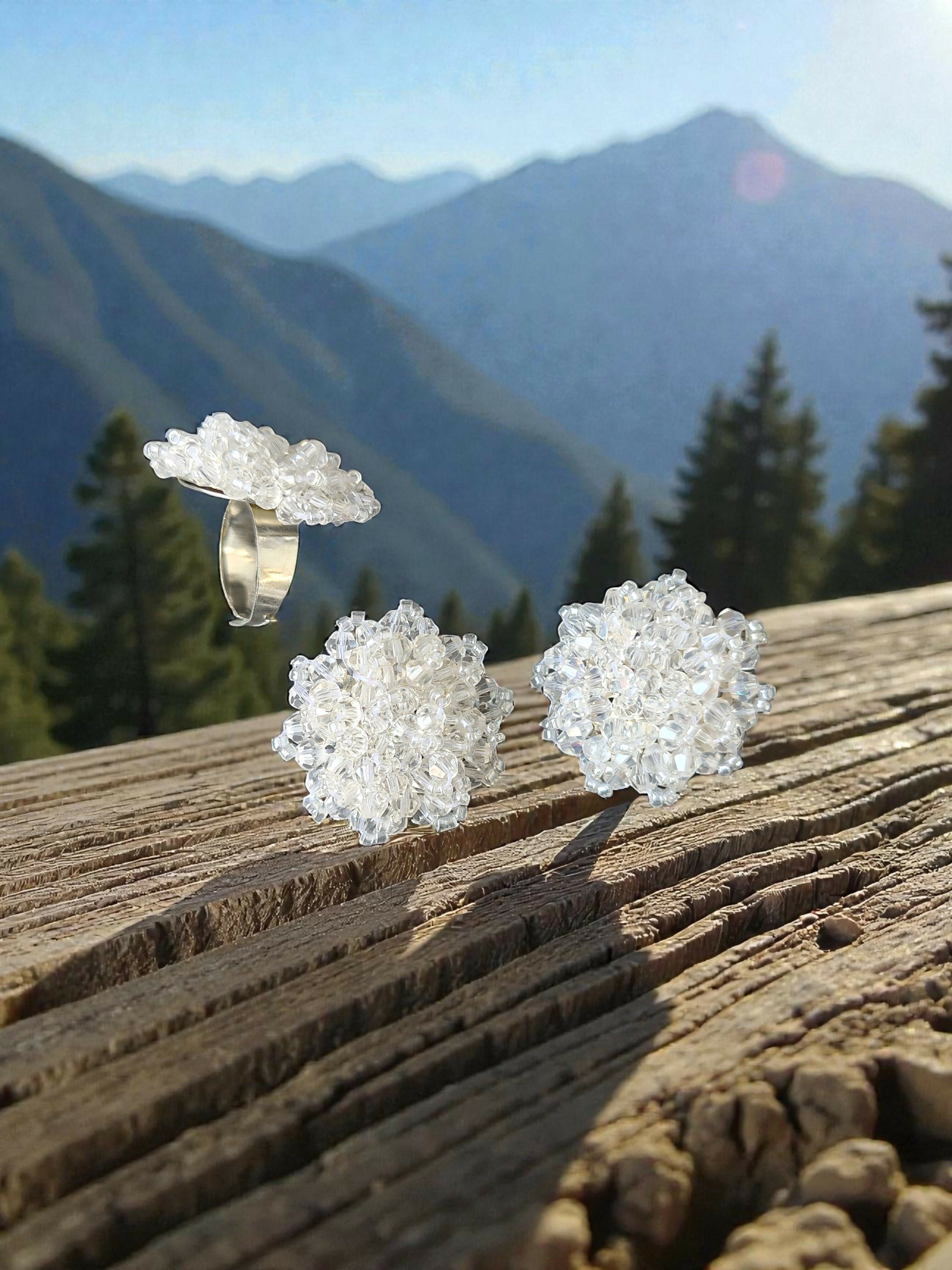 Inhanns Rangmani Crystal Duo – Adjustable Ring + Statement Earrings Set - White | Grab2Buy