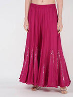 Mominos Fashion Magenta Viscose Rayon Flared Palazzo with Mirror Lace Work | Grab2Buy